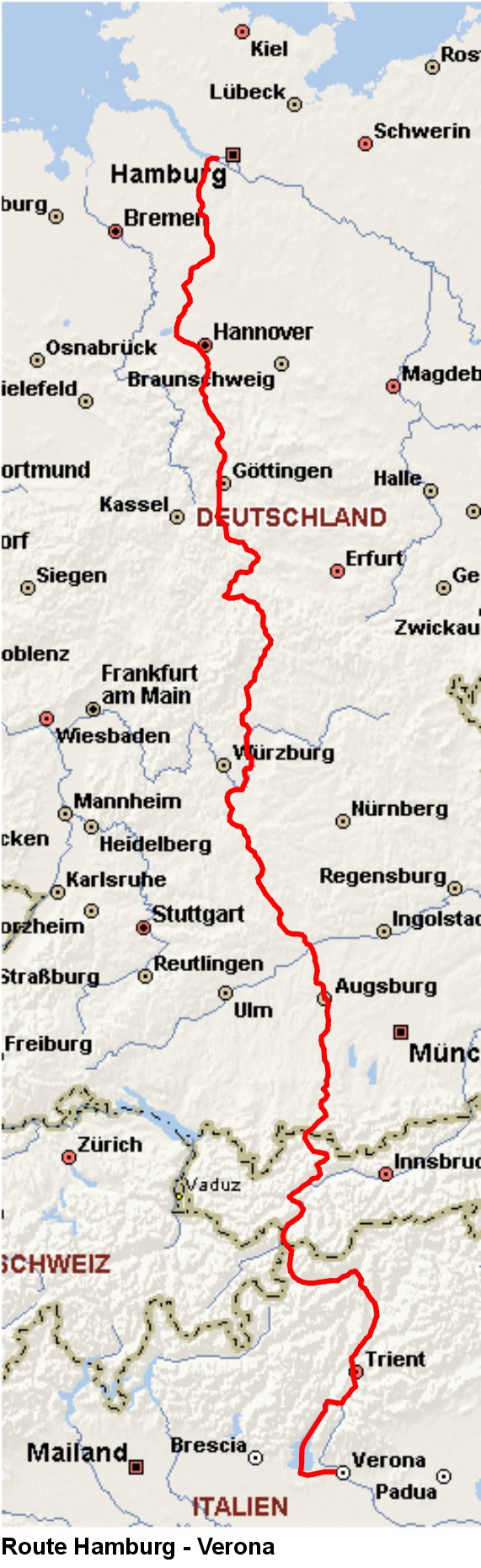Route Hamburg - Verona